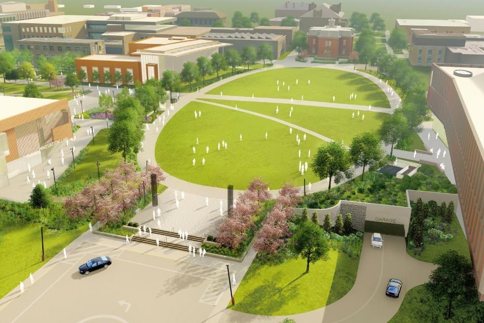 A rendering of the welcome area of campus